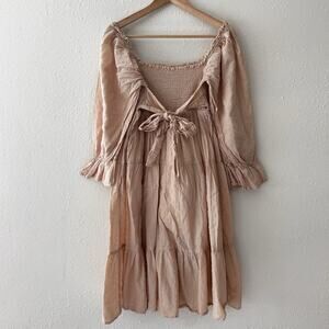 R.Vivimos L Beige Dotted Swiss Cotton Peasant A-Line Dress Smocked Puff Sleeve